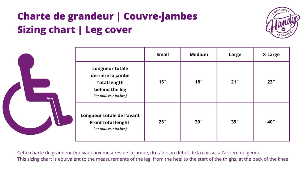 Charte de grandeur - Housse couvre-jambe / Leg cover | Produits Adaptés Handy