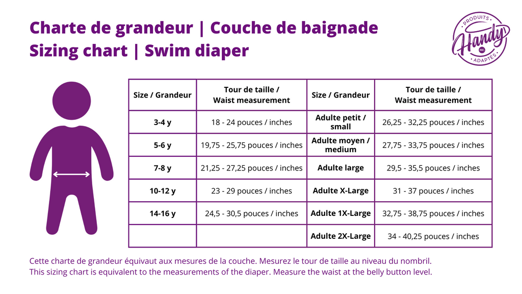 Charte de grandeur Couche de baignade / Sizing Chart Swim Diaper | Produits Adaptés Handy