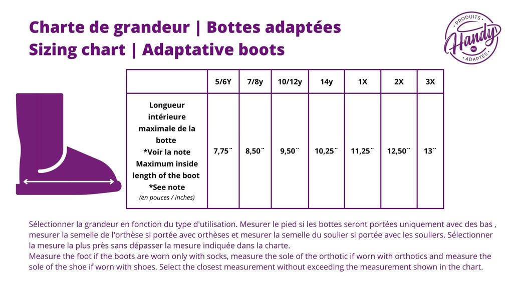 Size chart for Adaptive Boots / Charte de grandeur pour bottes adaptées | Produits Adaptés Handy