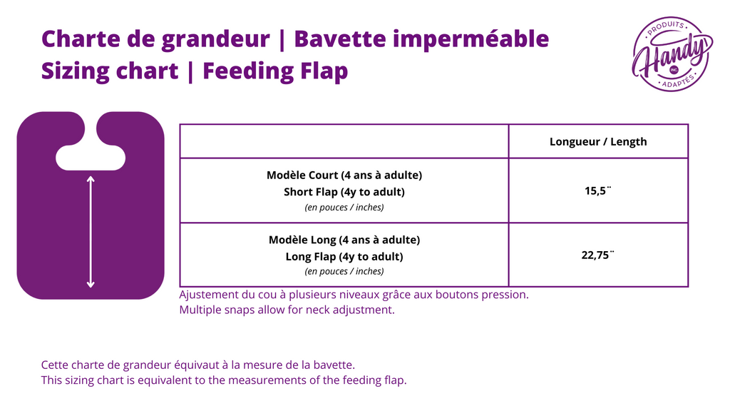 Sizing Chart Feeding Flap | Handy Adaptive Products