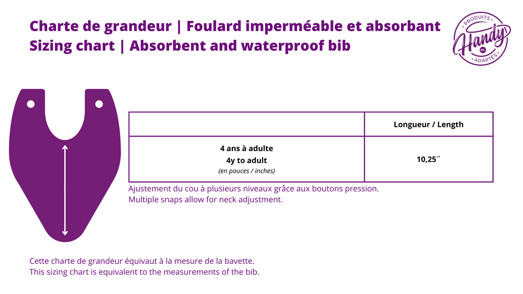 Charte de grandeur Foulard absorbant imperméable / Sizing Chart Waterproof and absorbent bib | Produits Adaptés Handy