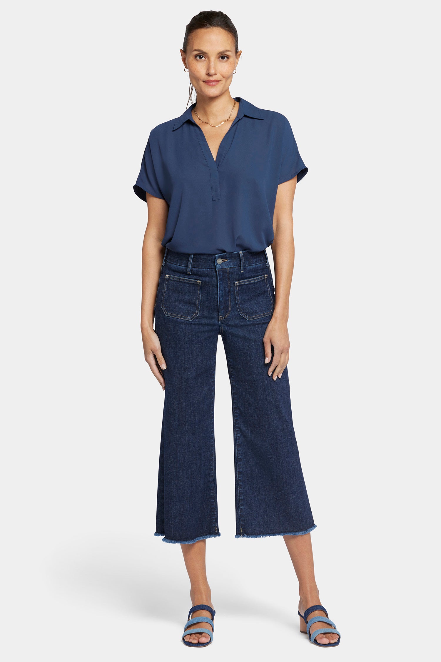 Patchie Wide Leg Capri Jeans With Frayed Hems - Sublime Blue