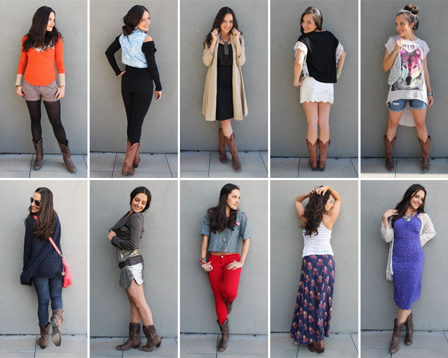 woman wearing cowgirl boots with 10 different outfits