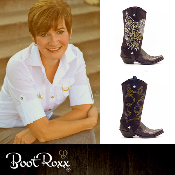 woman with short brown hair smiling at the camera next to two cowgirl boots with boot covers