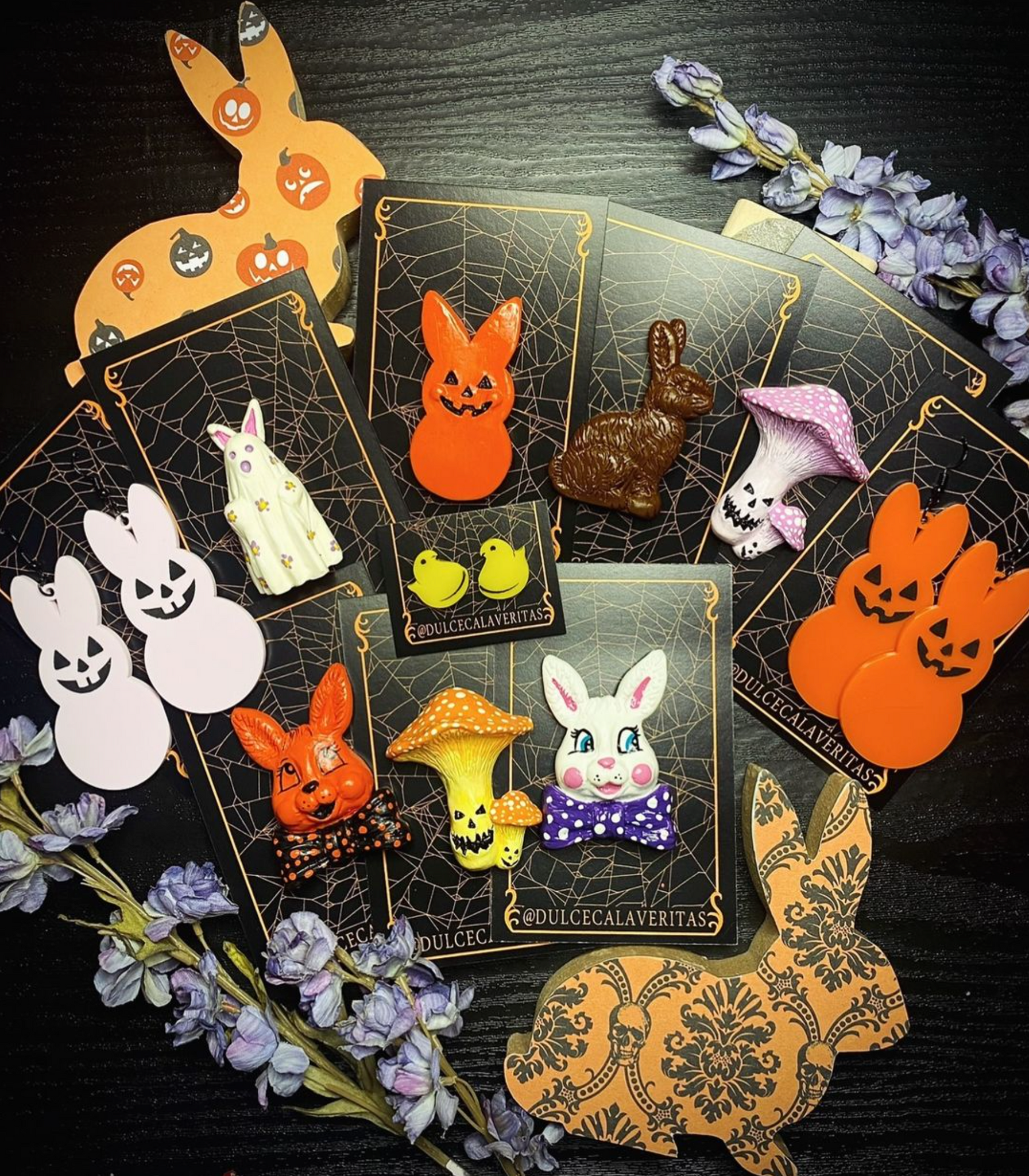 Easter ween, easter-ween, easterween, Easter halloween, spooky easter themed pin badges, brooches, earrings and jewellery.