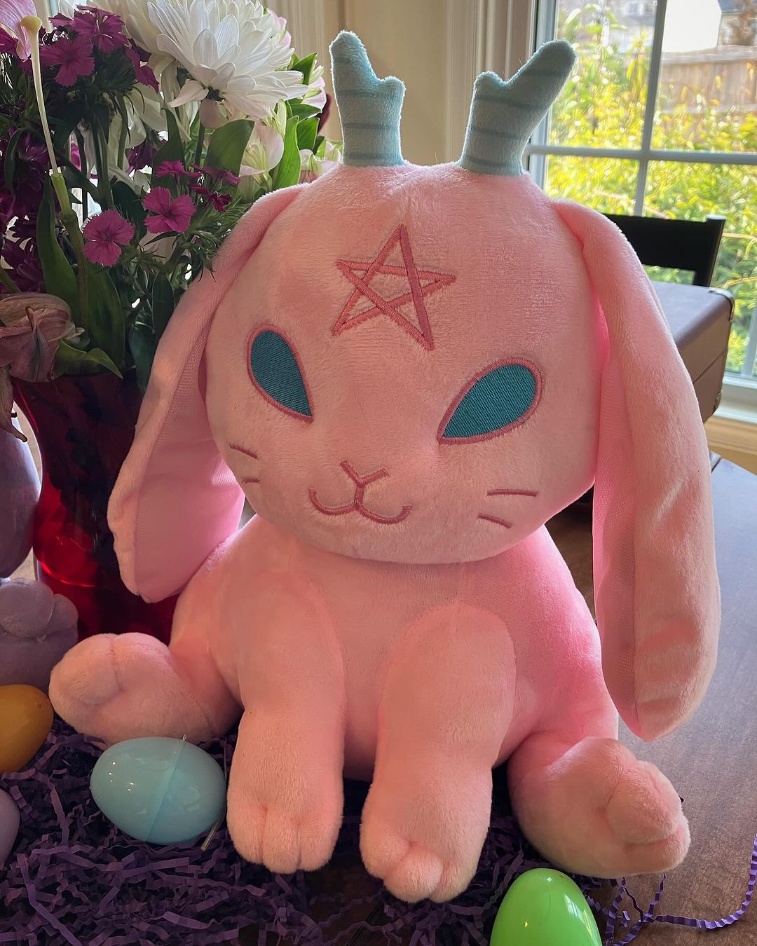 a beezlebub satanic themed pastel pink bunny plush for easterween, easter-ween, easter ween, halloween easter, spooky easter.