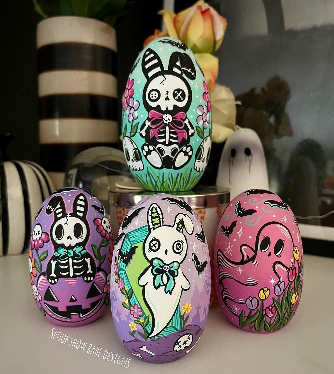 spooky easter, easterween, easter-ween, easter ween, halloween easter themed hand painted pastel eggs with spooky themes