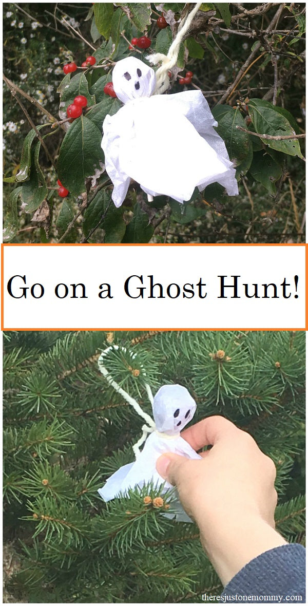 A collage of two photos of handmade fabric ghosts hidden in a trees and bushes with middle text reading 'go on a ghost hunt!' a cute scavenger hunt for halloween easter easterween easter-ween and spooky easter themed parties.