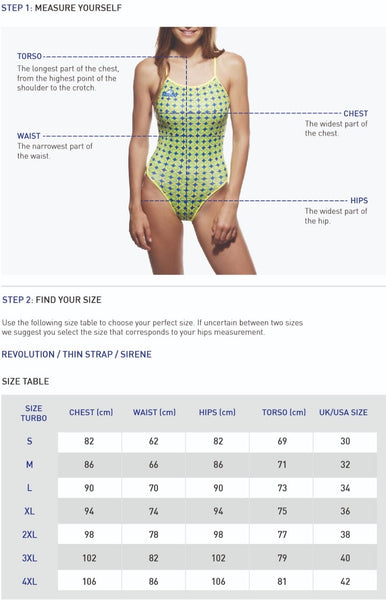 Turbo ladies female thin strap swimsuit size chart