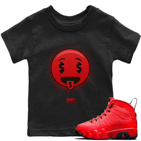 Air Jordan 9 Chile Red Rich Emoji Crew Neck Baby Youth T-Shirt Sneaker Match Tee Outfits Chile Red Sneaker Tee AJ9 Collection Image Black Short Sleeve Tees1