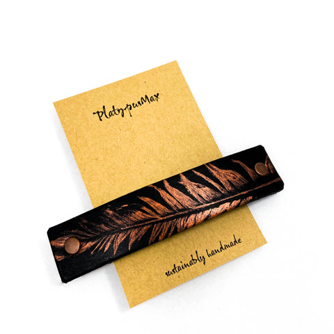 Copper Feather on Black Leather Hair Barrette - Platypus Max