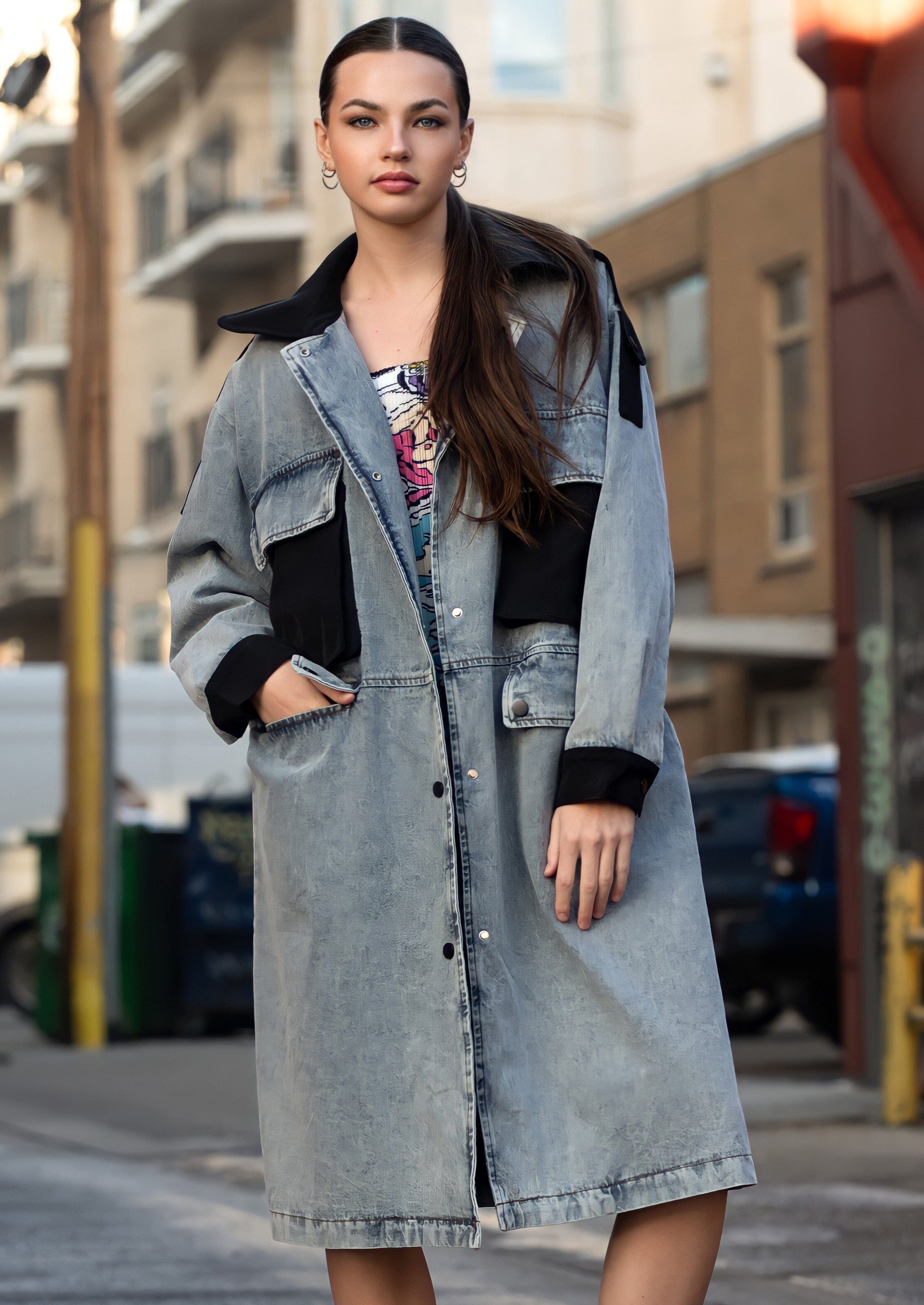 Denim Color Block Button Up Trench Outerwear Kate Hewko 