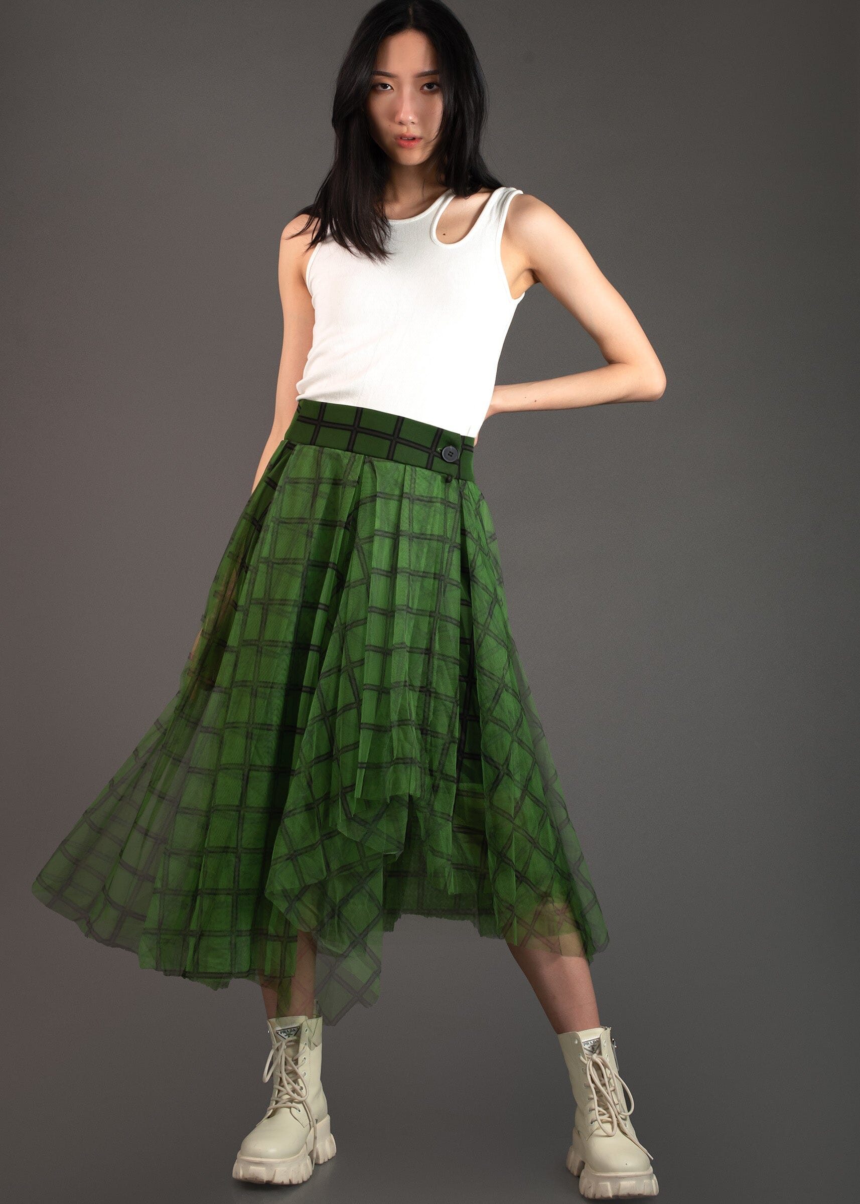 herlipto Asymmetric Plaid Tulle Skirt-