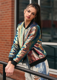 It's Da' Bomb: Sequin Bomber Jacket + High-Rise Jeans - Blame it