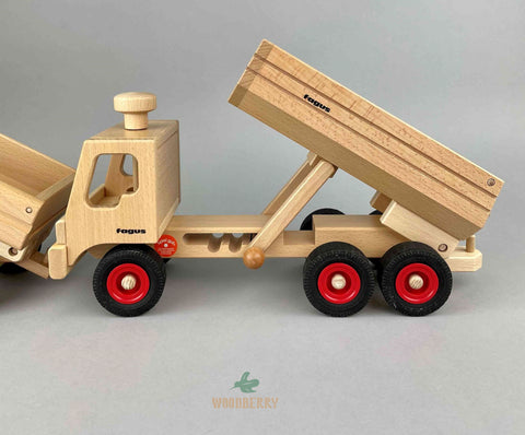 Fagus wooden toys. Container tipper truck highest setting for truck bed. Third setting