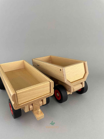 Fagus wooden toys dump trailer and container tipper trailer comparison - rear view
