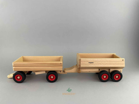 Fagus wooden toys dump trailer and container tipper trailer comparison - side view