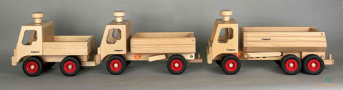 fagus wooden cars unimog vs. dump truck vs container tipper truck