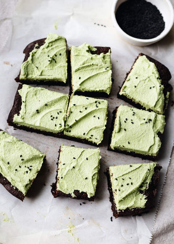 Chocolate Tahini Sesame Matcha Green Tea Frosted Brownies