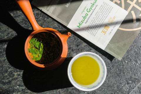 Small tea pot of organic gyokuro Japanese tea with cup of brewed tea on table