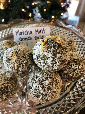 Mizuba Matcha keto approved holiday "bliss" balls. raw plant based and vegan