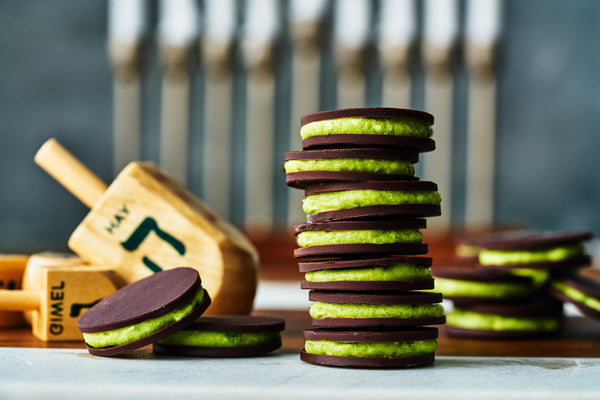 Dark Chocolate Gelt & Matcha Green Tea Mousse Sandwiches | Proportional Plate