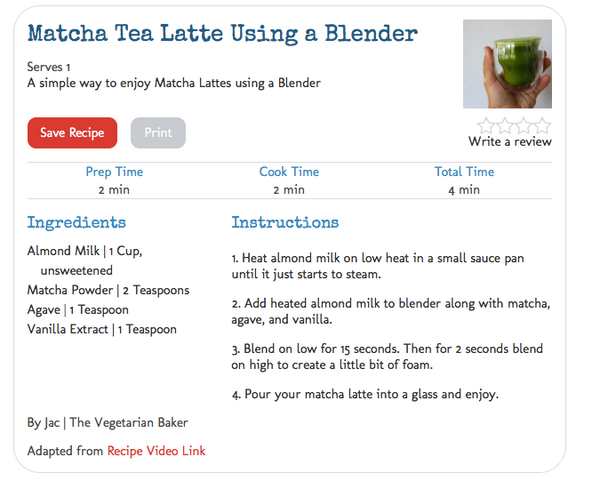 Vegetarian Baker Mizuba Matcha Latte Blender Recipe 