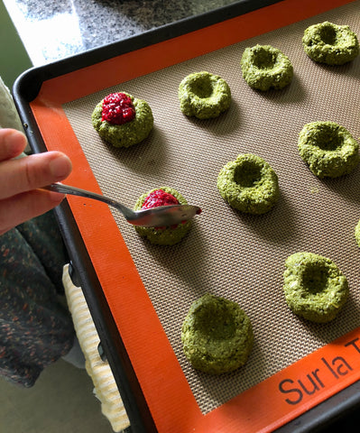 Low glycemic raspberry chia thumbprint cookies made with Mizuba matcha green tea and coconut butter