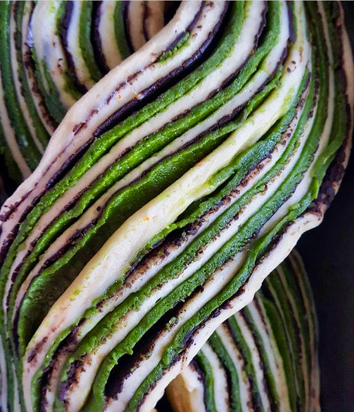 Mizuba Matcha Green Tea braided with chocolate in a traditional babka. Recipe to celebrate our birthday! 