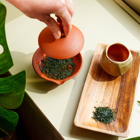 Gyokuro Japanese Tea brewing in a shiboridashi clay teapot