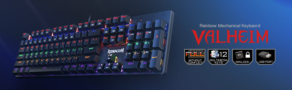 Redragon K608 VALHEIM Rainbow Mechanical Gaming Keyboard, 104 Keys NKRO Tactile Blue Switches - Redragon Pakistan