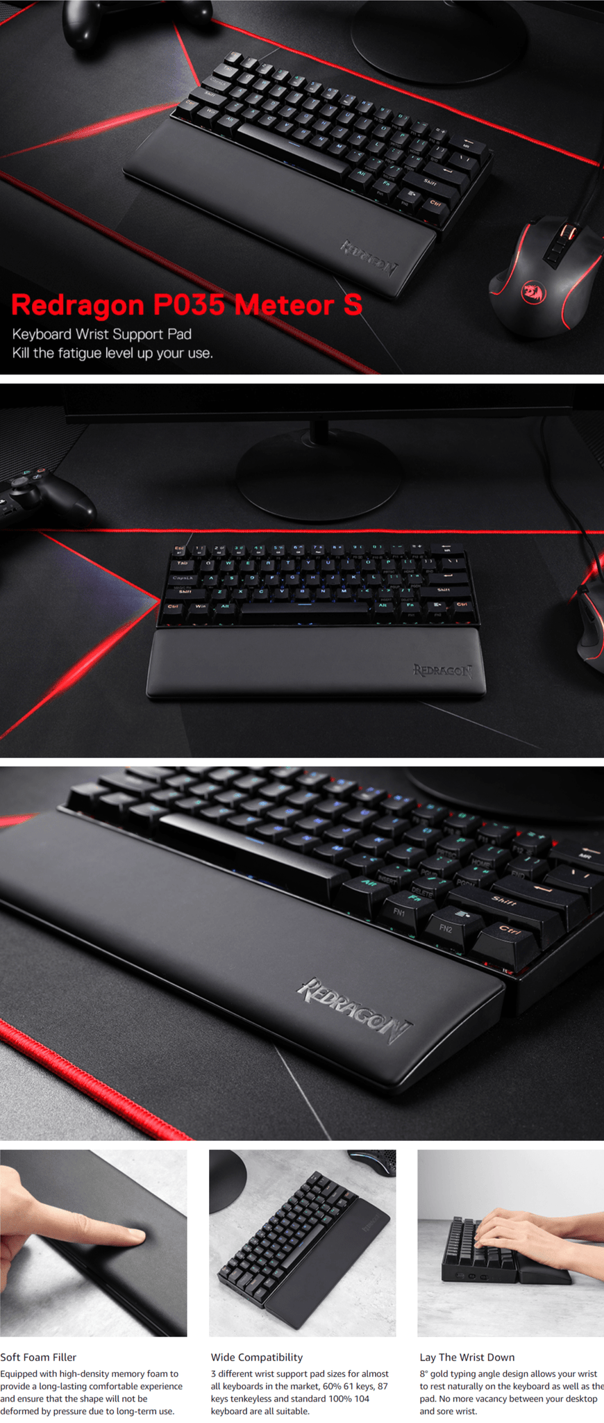 Redragon P035 Meteor S Computer Keyboard Wrist Rest Pad - 60% 61 Keys Compact Size - Redragon Pakistan