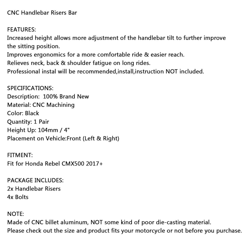 CNC Handlebar Risers Bar for Honda Rebel CMX500 2017+ Black Generic