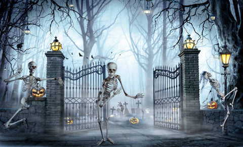 Cemetery Gate With Zombie Rising In Dark - Funny Skeletons Dance In Graveyard