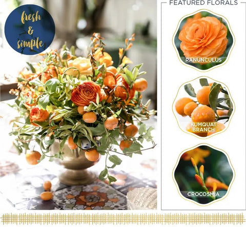 "A beautiful Thanksgiving flower centerpiece with autumn blooms and foliage."