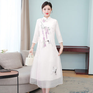 春夏新款年輕款少女中國風復古氣質刺繡修身改良旗袍洋裝