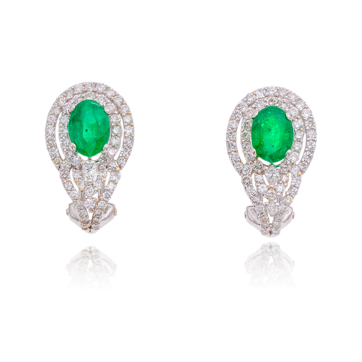 18K White Gold Custom Emerald & Diamond Omega Back Earrings - Estate Originals product image