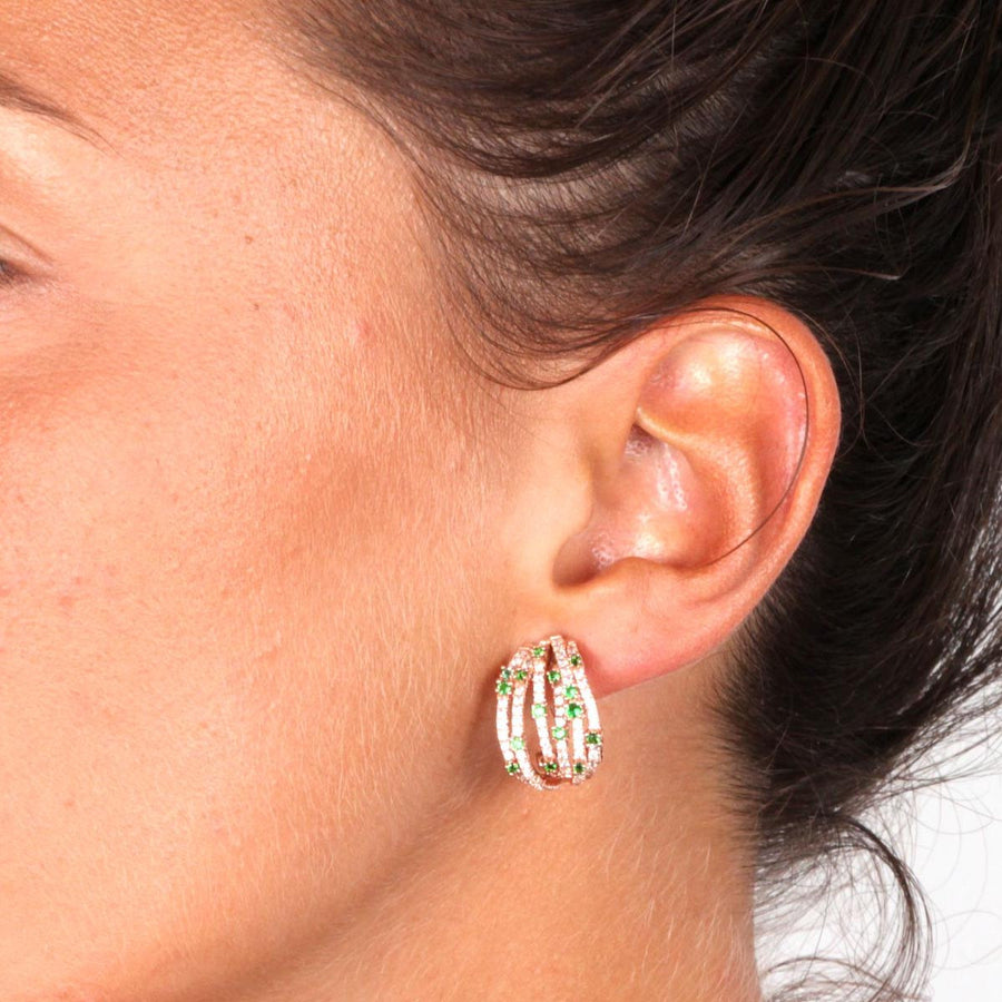 Rose Gold Over 925 Sterling Silver Multi-Row Pave Hoop Earrings- Green - www.LaBellaDentro.com