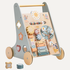 Wooden baby walker with interesting knobs and blocks, enhancing play and mobility this Christmas.