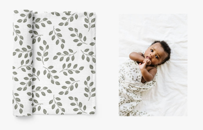 minimalist baby boy blanket - sage green leaves