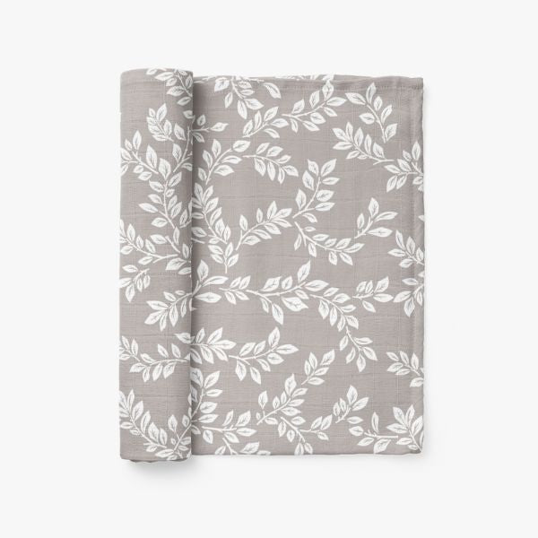 muslin blankets - neutral gray leaves branches swaddle