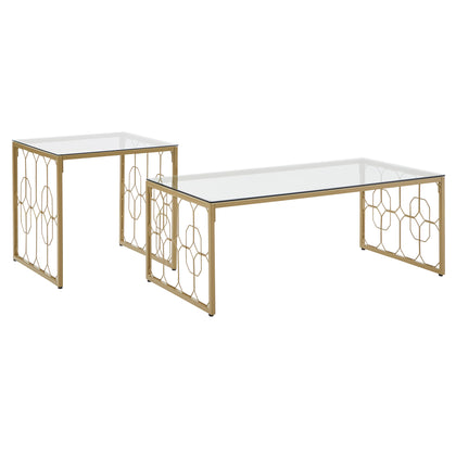 Octagon Pattern Gold Metal and Glass Table - End Table and Coffee Table Set