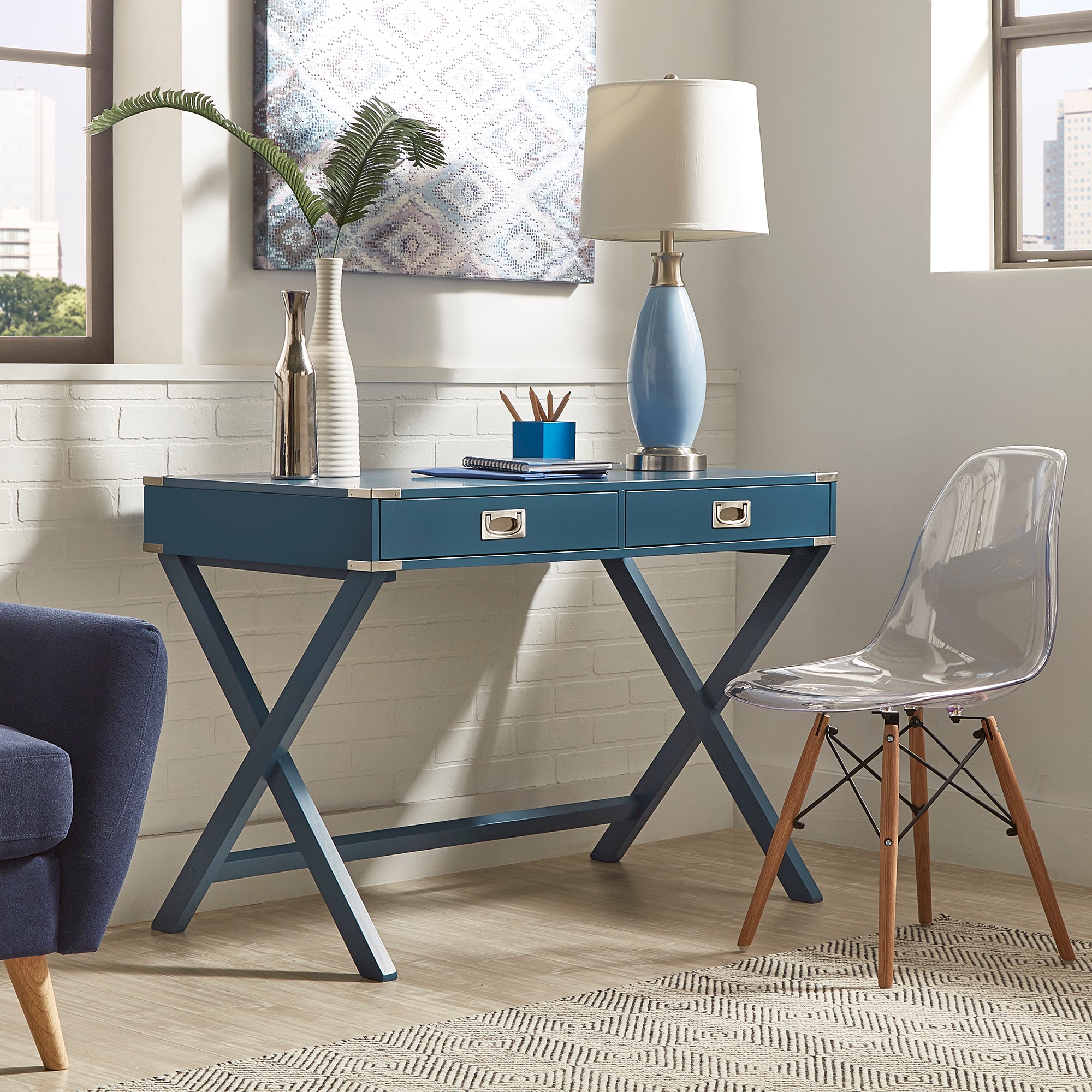 X Base Wood Accent Campaign Writing Desk Blue Steel By Inspire Q Modern Inspire Q Home