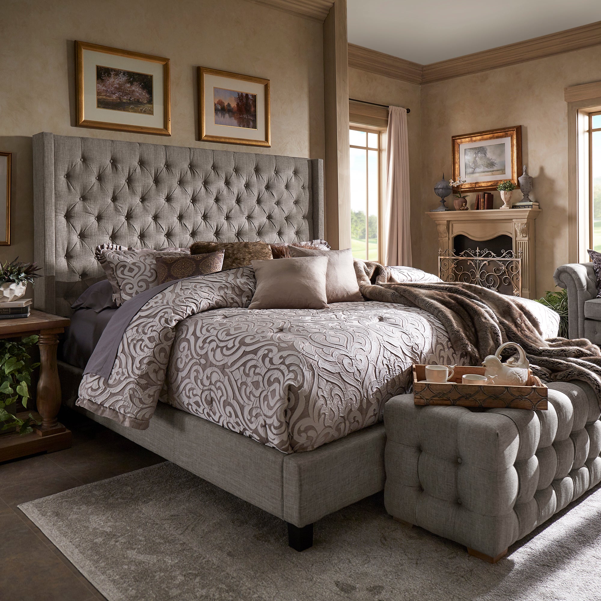 Wingback Button Tufted Tall Headboard Bed - Gray Linen, King