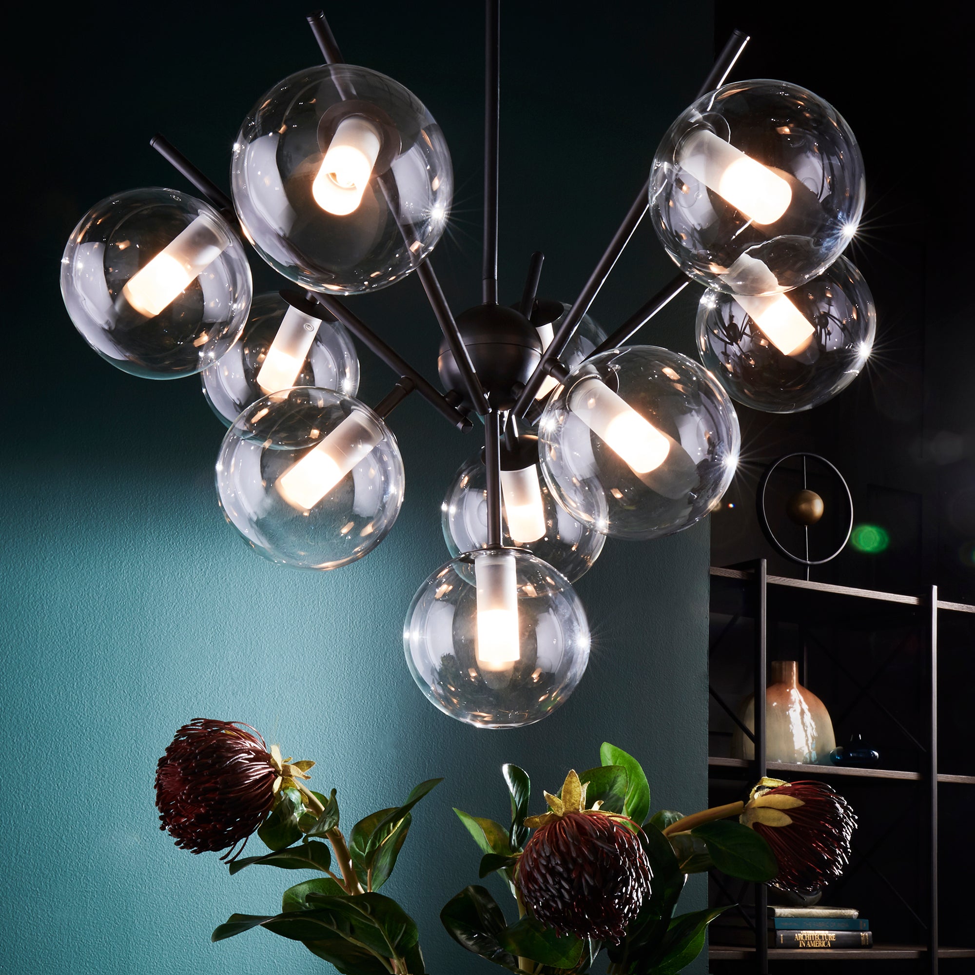 Matte Black Finish Bold 10-Glass Globe Pendant Light ...