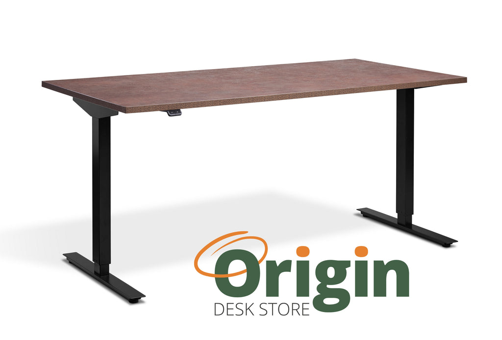 Origin Eskon standing desk with black frame and ferro bronze desktop