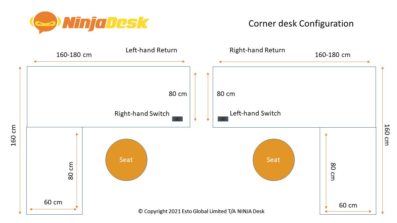 NINJA conqueror height adjustable corner gaming desk configuration diagram