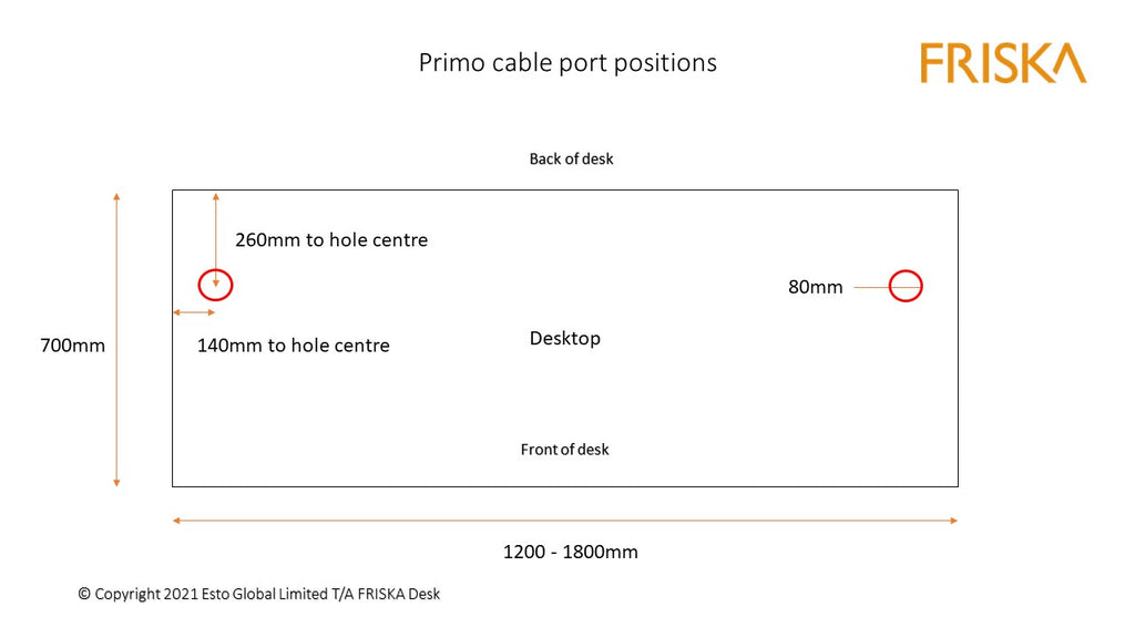 FRISKA Primo standing desk cable port hole location diagram