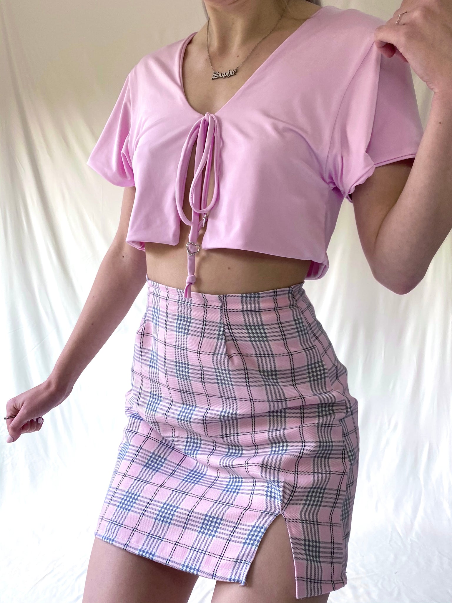 pink check print mini skirt