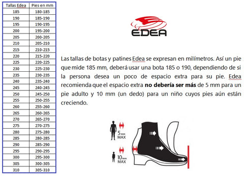 Tabla de tallas para botas y patines Edea y su equivalencia en milímetros